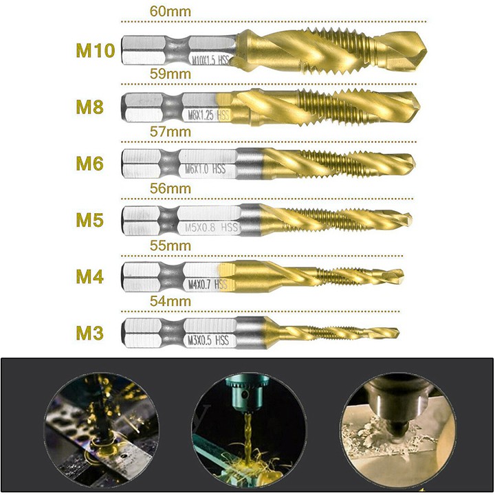 Mũi khoan taro ren ❤️FREESHIP❤️ Mũi khoan tạo ren HSS M3-M10 phủ Titanium chuôi lục giác