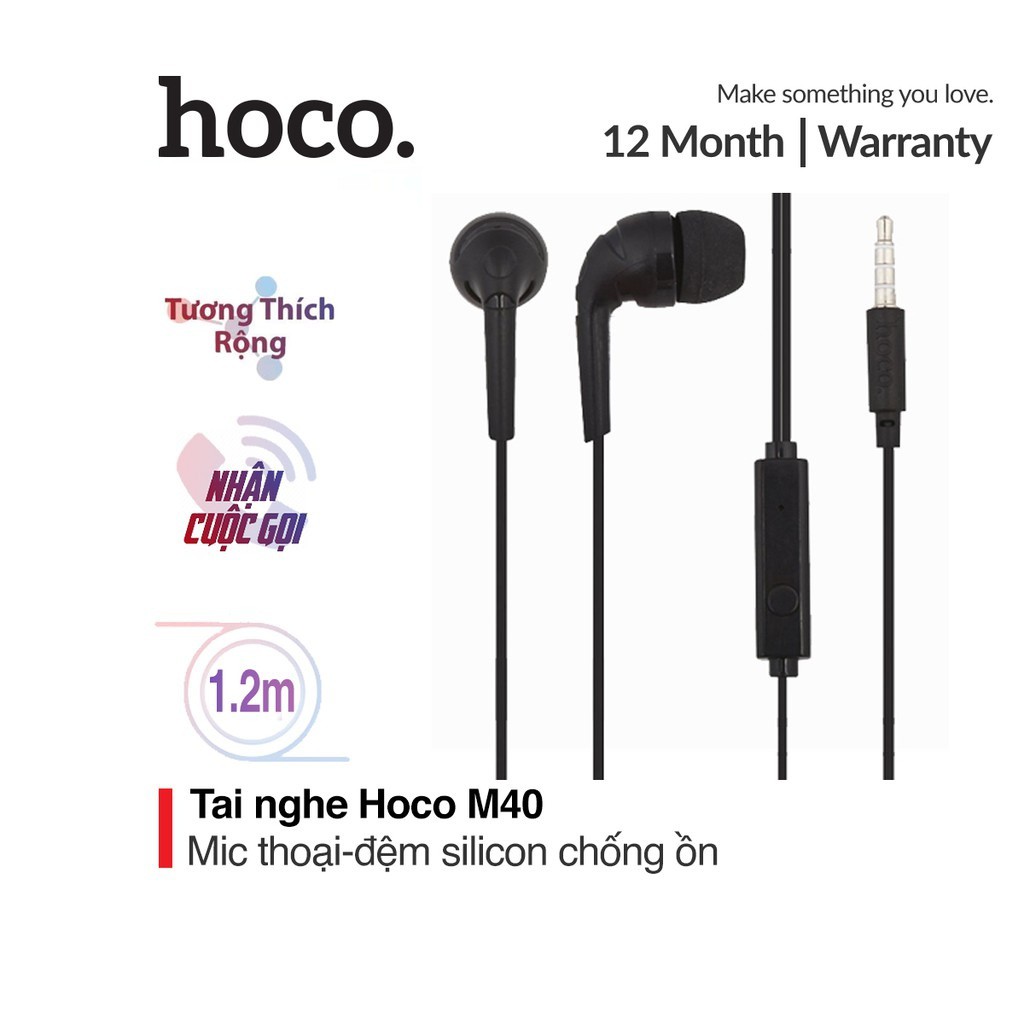 Tai nghe nhét tai silicone chống ồn Hoco M40 jack 3.5mm tích hợp Microphone trên dây dài 1.2M cho Smartphone