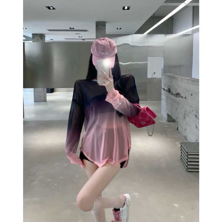 Milyfashion Gradient Ice Silk Kem Chống Nắng Mùa Hè Pure Desire Hot Girl Gợi Cảm Dây Mỏng Xuyên Qua Tay Dài T