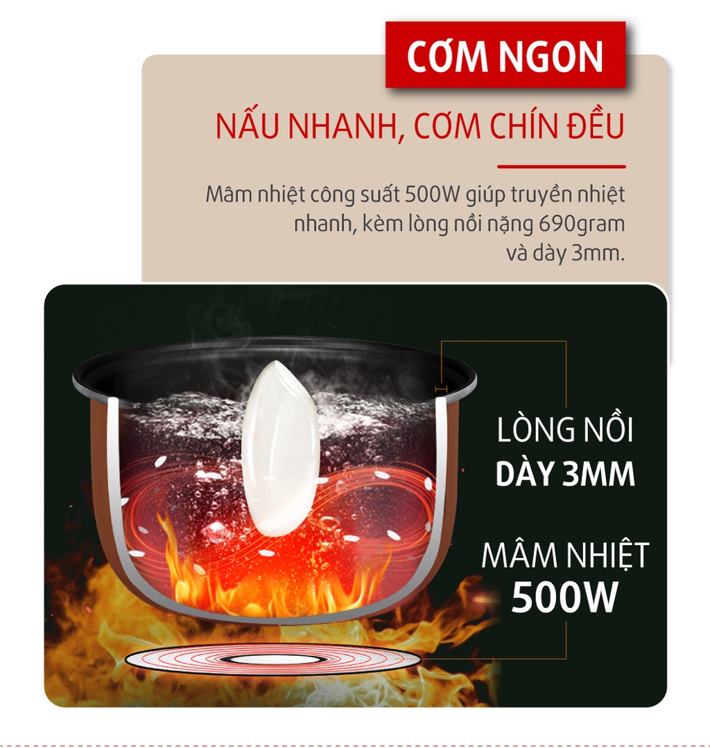 Mô tả Nồi cơm điện KIPOR KP-N1512 - 1.2L - Nồi cơ chống dính TEFLON 5 lớp dầy 3mm nặng 690G - Bảo hành tại nhà 12 tháng - 2