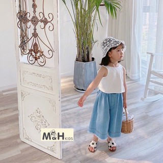 Bộ bé gái quần ống rộng, bộ bò bé gái áo đũi phối nơ lưng, bộ xinh bé gái