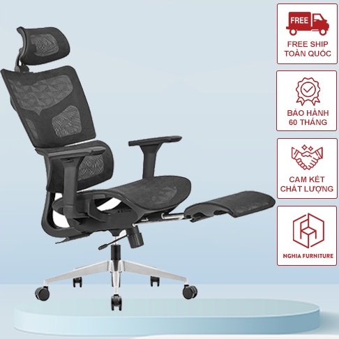 Ghế công thái học Nghia Furniture Ergonomic 06 Plus có gác chân, ngả ghế 135 độ, tựa đầu 3D, tay vịn 3D, full tính năng
