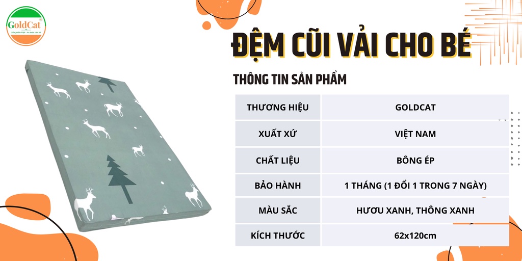 Mô tả Đệm Cũi Vải Cho Bé GOLDCAT Size 60x120CM, Chất Liệu Bông Ép Tiêu Chuẩn 5cm Đàn Hồi Tốt Thấm Hút Mồ Hôi - 1