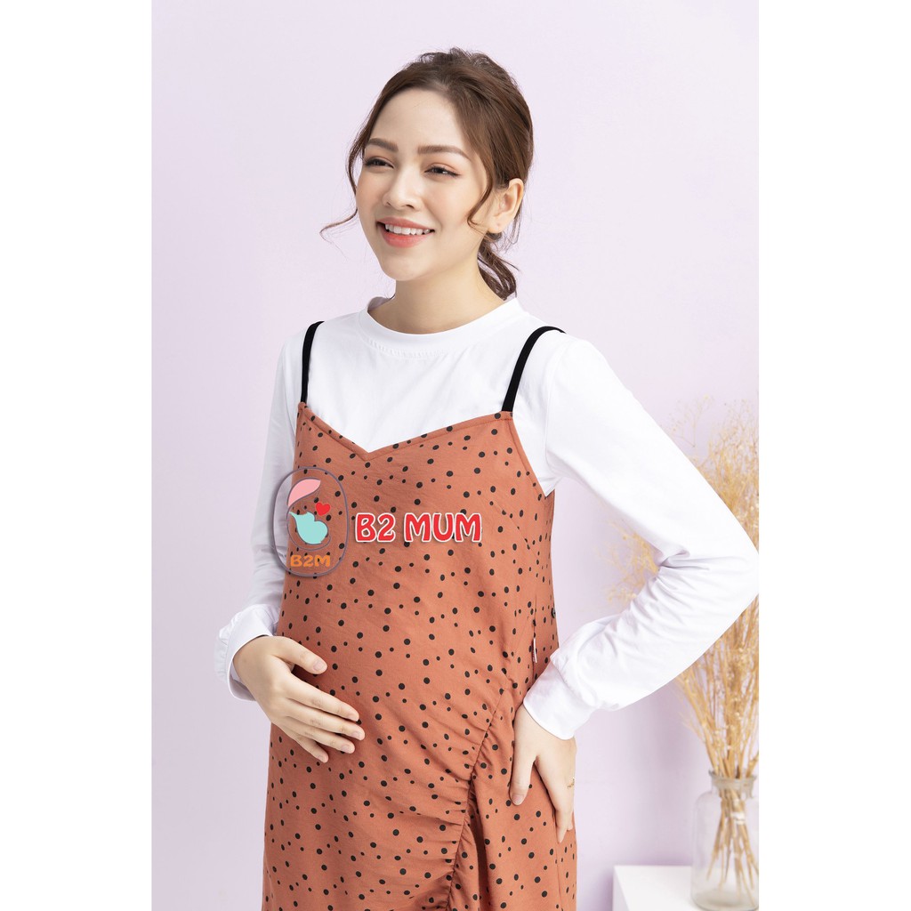 Yếm bầu dáng xuông họa tiết chấm bi chất nhung tăm B2 Mum V328