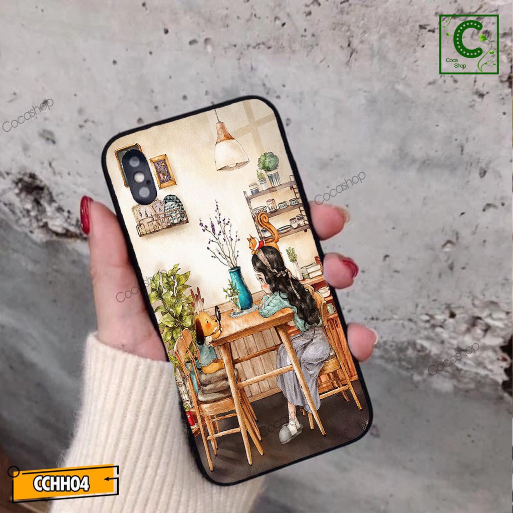 Ốp lưng iphone mặt kính cường lực chống va đập - Cô gái tâm sự cùng chú chó cực dễ thương - 6/6plus/6s/6splus/7/7plus...