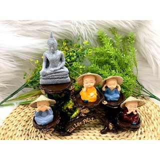 Set bộ tượng Bổn Sư Thích Ca cùng các Chú Tiểu Nón Lá và Đế tượng Tài Lộc Phát