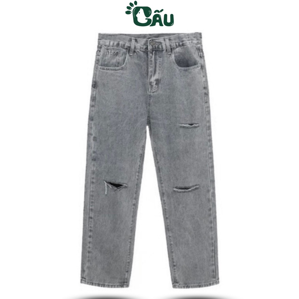 Quần baggy jean Nam suông Gấu 194 vải jeans co dãn, dày dặn form slimfit – Jean Suông Xám Rách