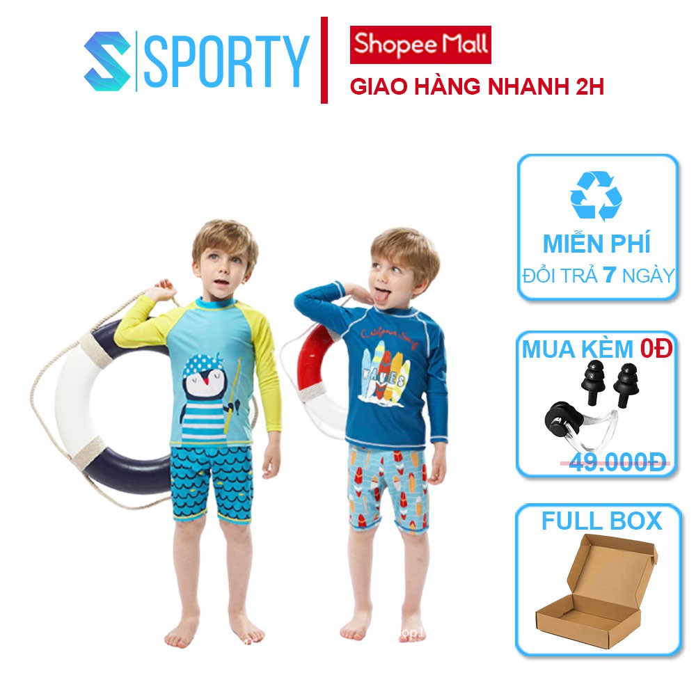 Áo bơi dài tay cho bé trai kèm quần lửng hình chim cánh cụt và cán trượt SPORTY