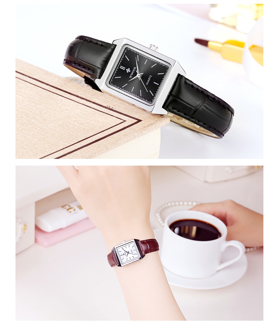 Mô tả Đồng Hồ Quartz WWOOR Mặt Chữ Nhật Dây Da Màu Đen reloj mujer-8850 - 9