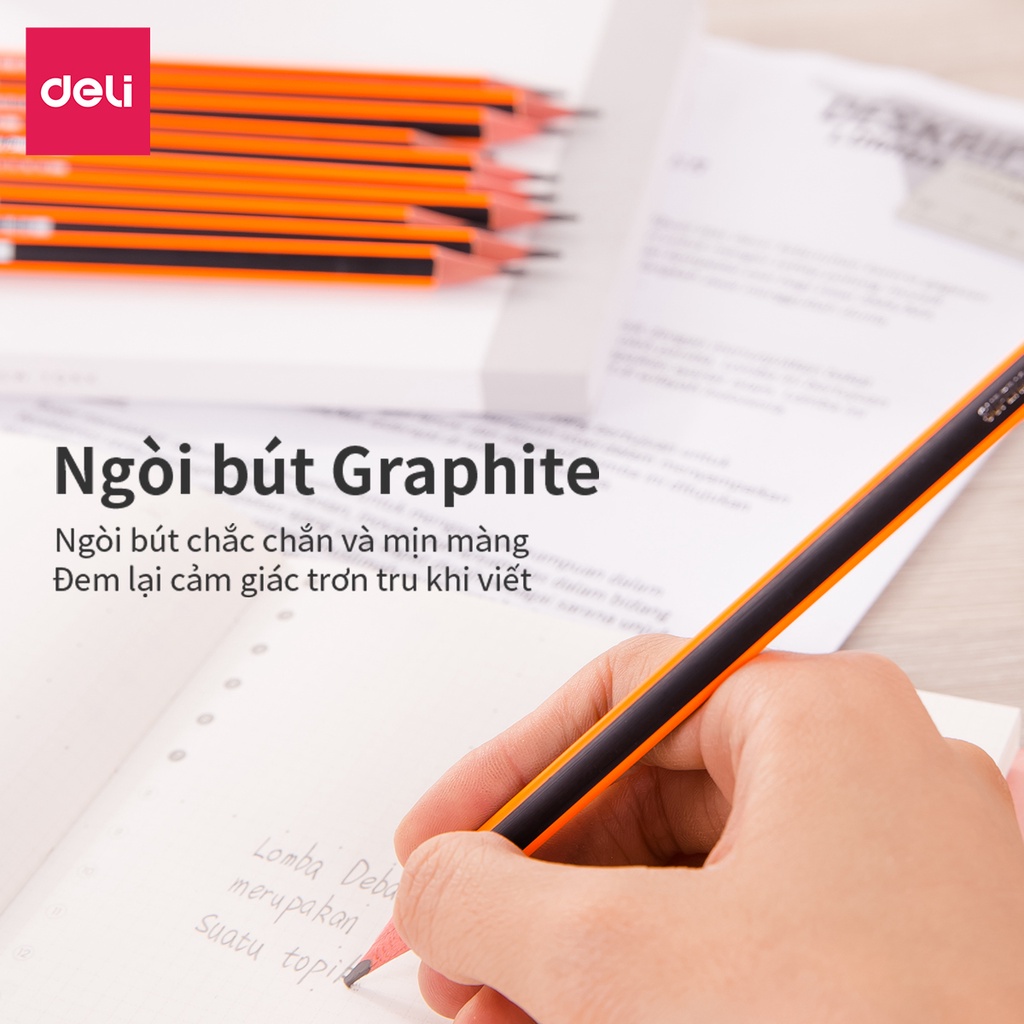 Bút Chì 2B Kèm Đầu Tẩy Deli Sọc Cam - Chì Đen Đậm, Dễ Tẩy Cho Học Sinh Dân Văn Phòng Ghi Chép Takenote Tập Viết Vẽ Tranh