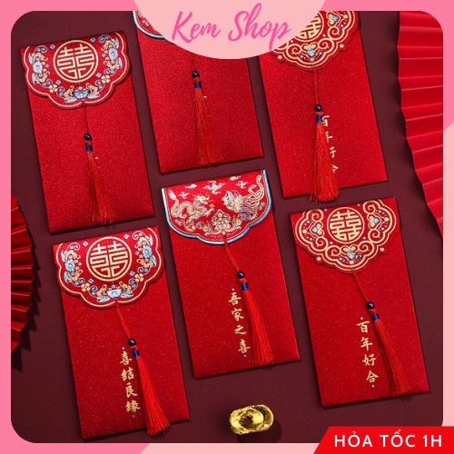 Set 5 bao lì xì đỏ may mắn kèm tua rua giấy nhũ cao cấp, lì xì ăn hỏi - Kem Shop K298