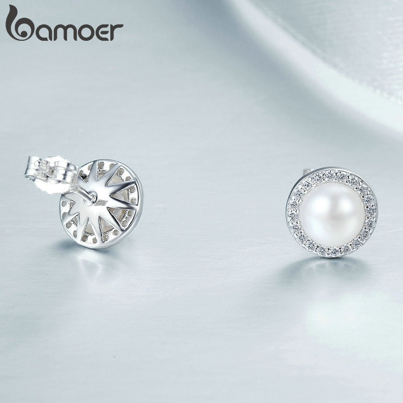 BAMOER Khuyên Tai Tròn bạc 925 Đính Ngọc Trai cz Lấp Lánh Phong Cách Cổ Điển Cho Nữ sce122