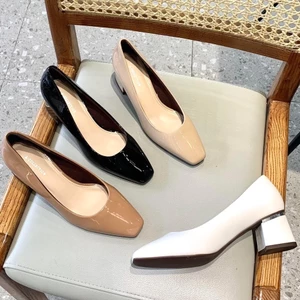 Giày cao gót mũi vuông 4 phân Annmodels gót vuông phối sắt cao cấp chất liệu da bóng _ A3004XBGOTSA
