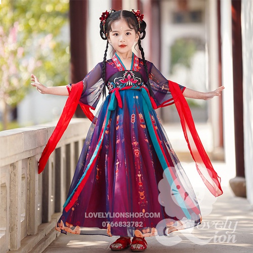 Bộ hán phục bé gái màu đỏ tím + tặng kẹp tóc( không kèm khăn choàng ...