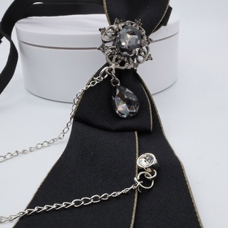 Gothic Black Necktie Rhinestones Pendant Metal Chain Evening Party Pre Tied Tie