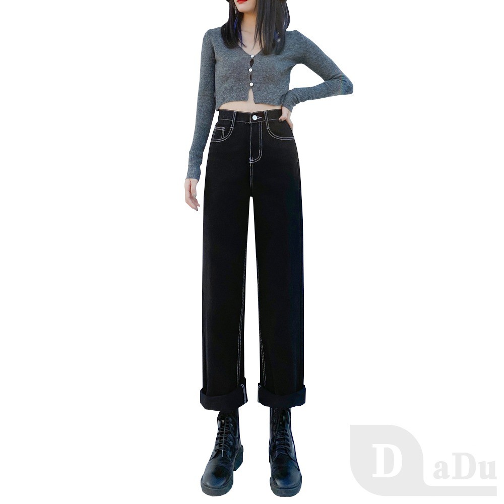 Ảnh Dadu XS ~ 5XL Ống Rộng Thẳng Quần Jean Đen Thời Trang Palazzo Sàn Quần Denim Nhật Bản Quần Eo Cao Plus Size Quần 2