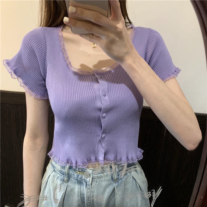 Áo thun dệt kim ngắn tay cổ vuông cạp cao phối ren thời trang hè