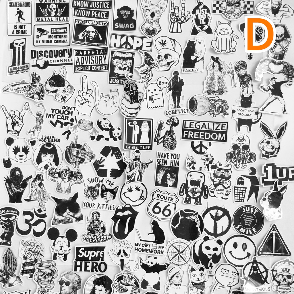 Sticker Trắng Đen - Bộ 20 50 100 Hình Dán Trang Trí Mũ Bảo Hiểm Điện ...
