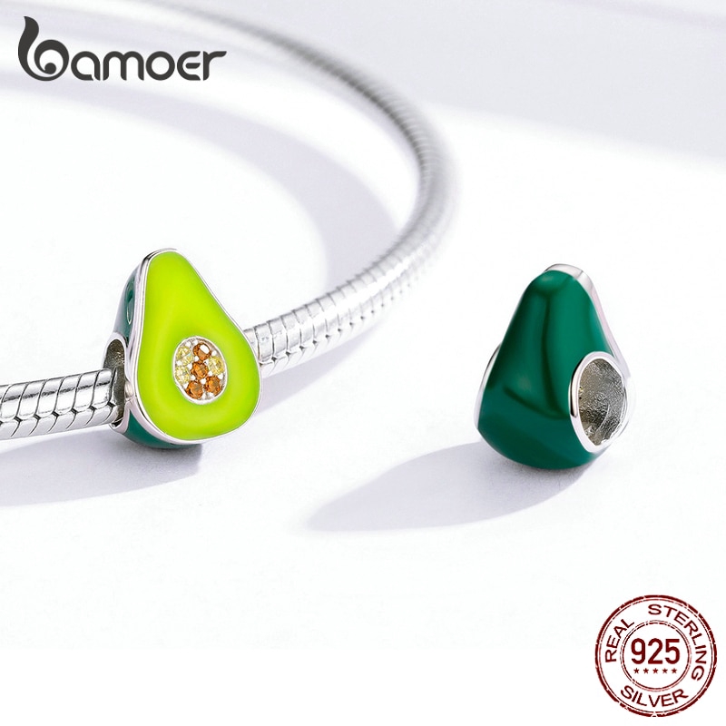 Mặt phụ kiện BAMOER BSC129 hình quả bơ màu xanh lá cây đính đá 925 bằng bạclỗ xỏ 3mm dùng để làm vòng tay thủ công