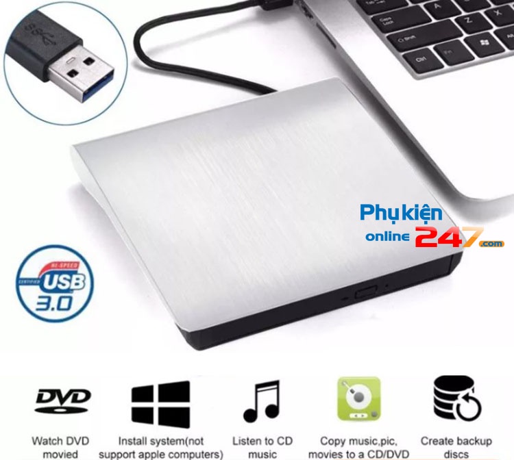 Ổ đọc ghi đĩa CD DVD rời gắn ngoài qua cổng USB 3.0 cho laptop, PC, máy ...