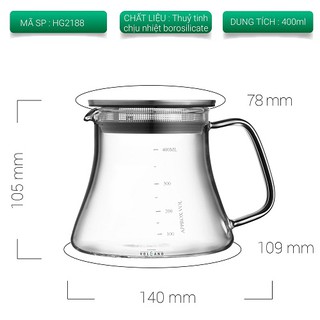 Volcano Bình pha cà phê thủy tinh chịu nhiệt Tiamo 400ml nắp inox