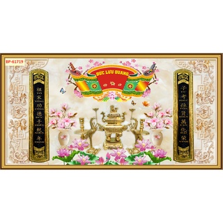 Tranh 3d dán tường bằng vải lụa cao cấp DÁN bàn thờ gia tiên có câu đối cân xứng 2 bên...