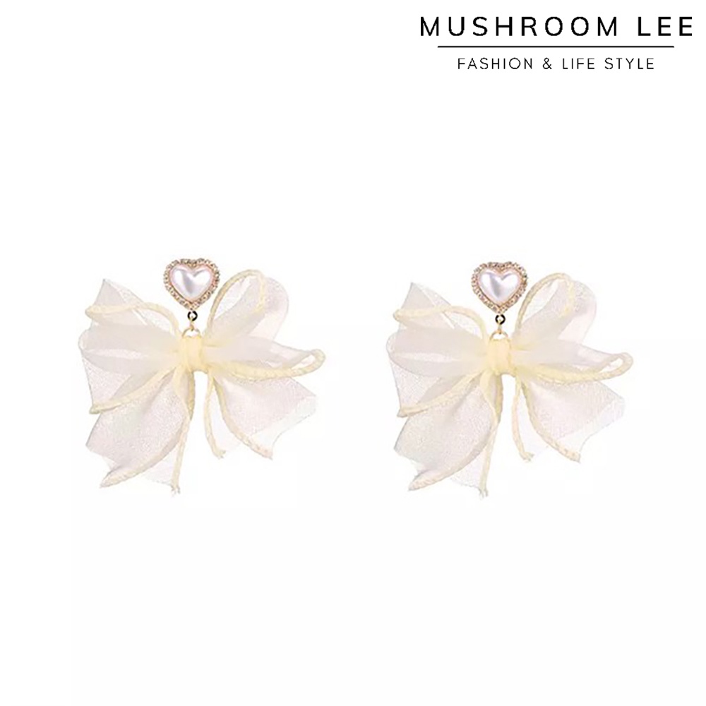 Bông Tai Mushroom Lee Nơ Voan Trắng Ngọc Trai Trái Tim