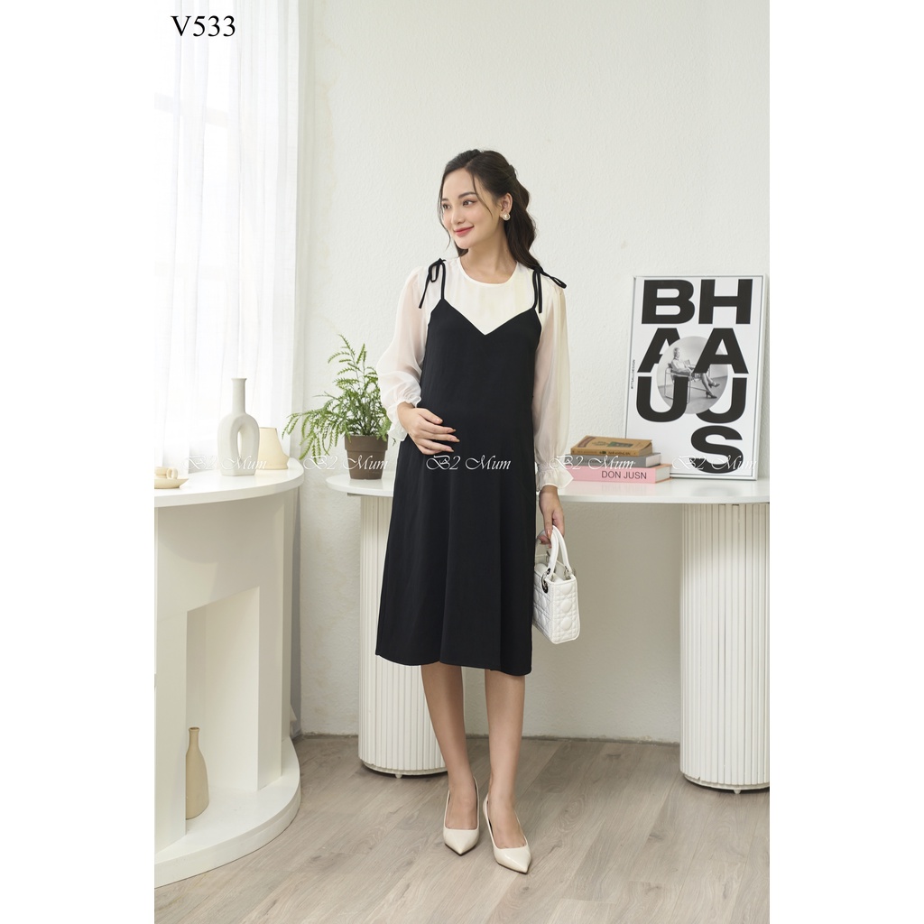 Váy bầu thiết kế công sở dài tay nơ vai dáng dài xuông V533 B2 MUM