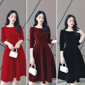 Váy nhung cứng dáng dài, váy nhung cứng tay lỡ có bigsize 40kg - 70 kg. Nhung cổ thuyền xoè dài khuy vai.