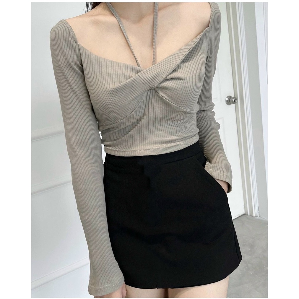 SET ÁO CROPTOP XOẮN NGỰC, DÂY CỔ KÈM CHÂN VÁY CHỮ A, SET ĐỒ NỮ TRẺ TRUNG NĂNG ĐỘNG | MEOINDAHOUSE