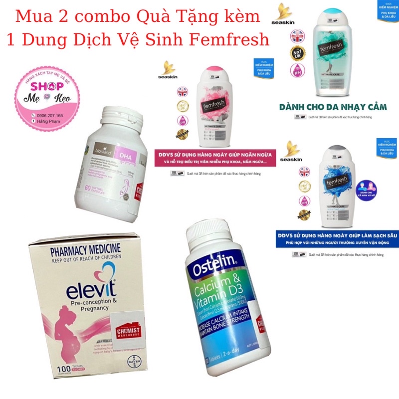 [Tặng Quà] Combo Mẹ Bầu: Elevit 100v - Canci Ostelin 130v - Dha bioland 60v Nội Địa Úc Mẫu mới