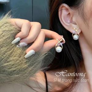 Bông tai nữ ngọc trai nhân tạo đính đá pha lê lấp lánh thiết kế đơn giản thanh lịch