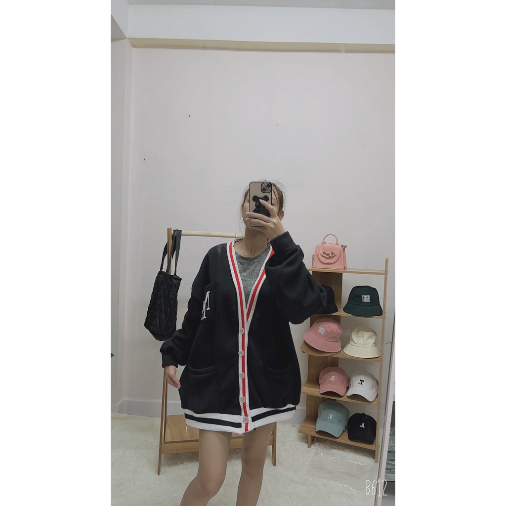 Áo Cardigan Nữ nỉ Dày Sọc Đỏ Trắng bo viền Có Túi, Cadigan chữ NLS Ulzzang Hàn Quốc