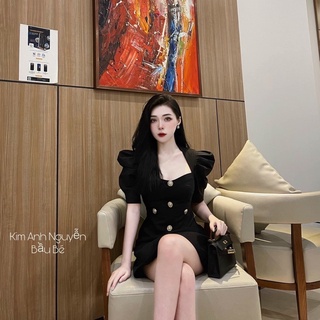 Váy Đen Cổ Vuông Tay Rúm Khuy Ngọc Sang Chảnh