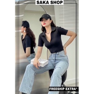 Áo thun nữ cổ sơ mi dây kéo khoá phía trước
