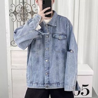 Áo Khoác Jeans Nam Nữ Denim Jacket hàn quốc trơn rách tay màu xanh