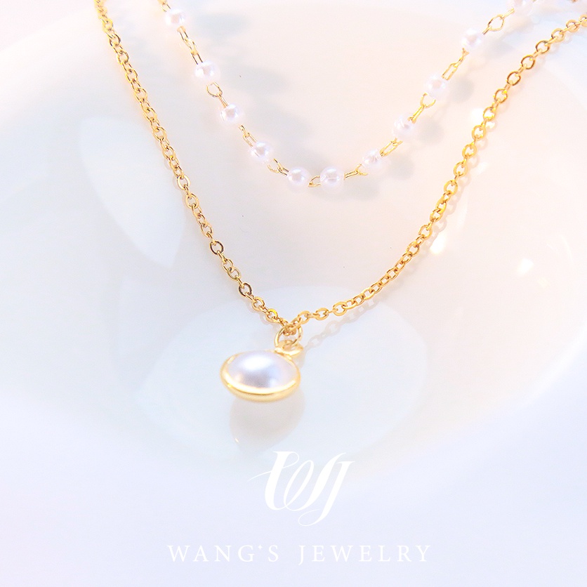 Vòng cổ Hai Lớp Mạ Vàng 18K Đính Ngọc Trai Phong Cách Hàn Quốc