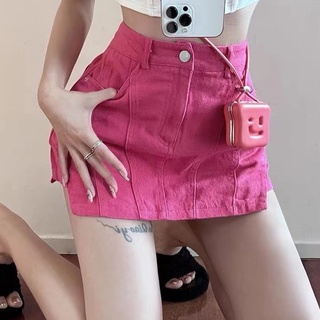Hàng Có Sẵn Quần Short Jean Giả Váy Dáng Chữ A Lưng Cao Thời Trang Xuân Hè Màu Hồng Phong Cách Mới Dành Cho Bạn Nữ