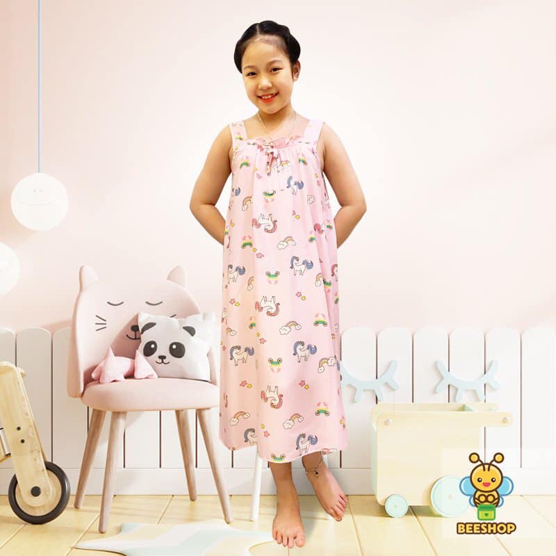Váy cổ vuông cho bé gái Đầm lanh trẻ em thoáng mát full size Beeshop H21094