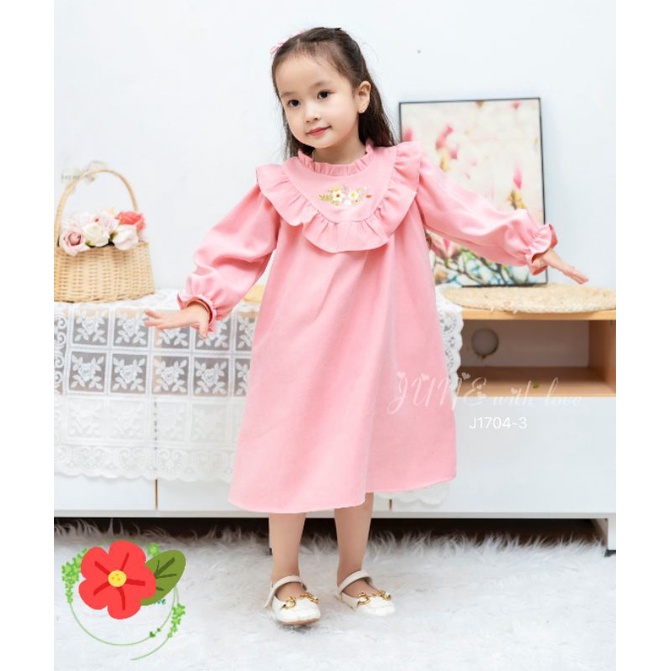 Váy Thu Đông Cao Cấp Thêu Hoa Cho Bé Gái 1-10 Tuổi Nhung Tăm Váy Bé Gái Dài Tay Màu Hồng, Màu đỏ Baby Doll Dáng A