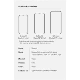 Bộ 2 miếng dán cường lực full màn hình Baseus Tempered Glass Film cho IP 12 mini / 12 / 12 Pro / 12 Pro Max 0.3mm (Đen)