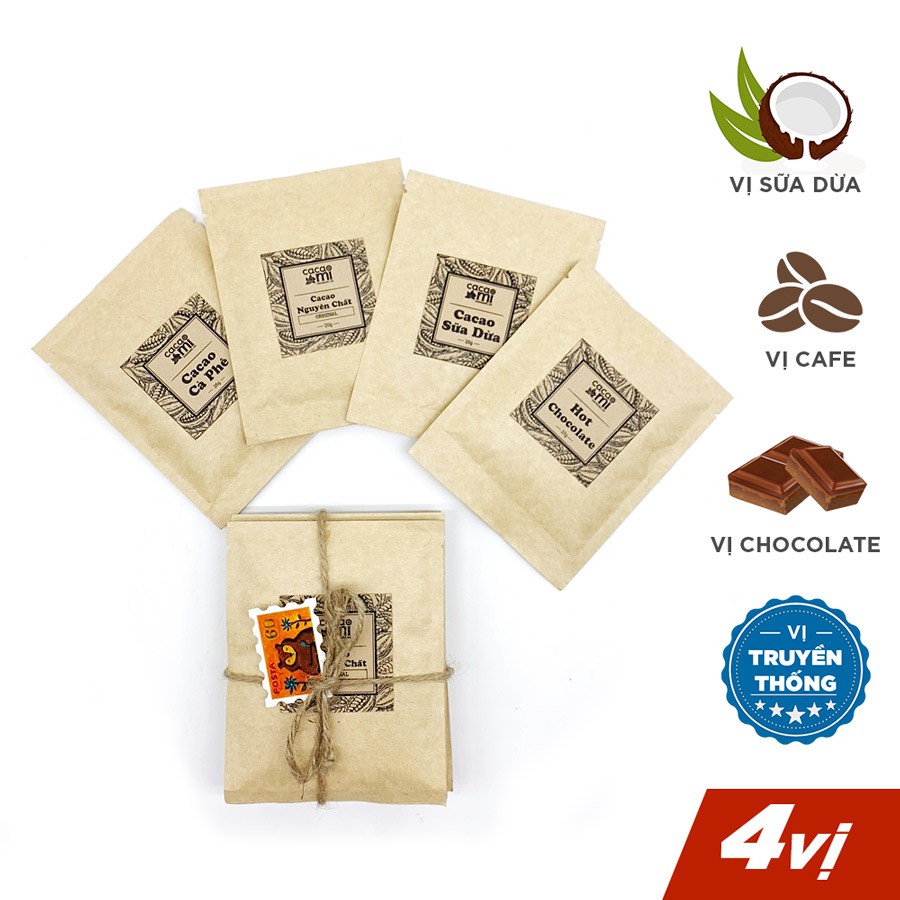 Ảnh Set 4 gói dùng thử thức uống socola mix vị cafe, sữa dừa, chocolate, nguyên chất thơm ngon CACAOMI 1