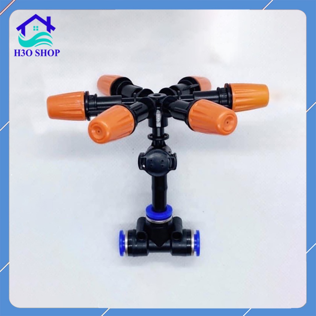Béc tưới phun sương 6 hướng kèm tê nối ống 8mm, béc phun 6 đầu, 6 cửa (tùy chọn van chống nhỏ giọt)