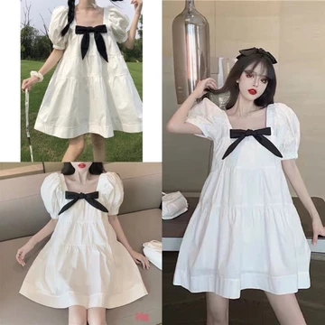 Đầm babydoll trắng đính nơ ❤️đầm xoè cổ vuông❤️ đầm công chúa, đầm ulzzang. đầm tiểu thư, đầm dự tiệc