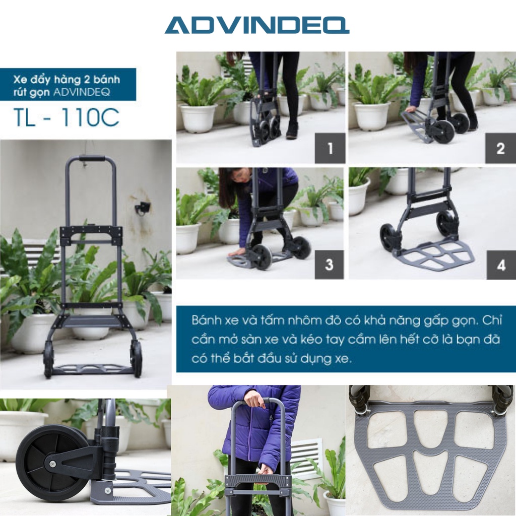 Xe đẩy hàng 2 bánh gấp gọn ADVINDEQ TL-110C, tải trọng lớn 110kg, bảo hành 12 tháng toàn quốc