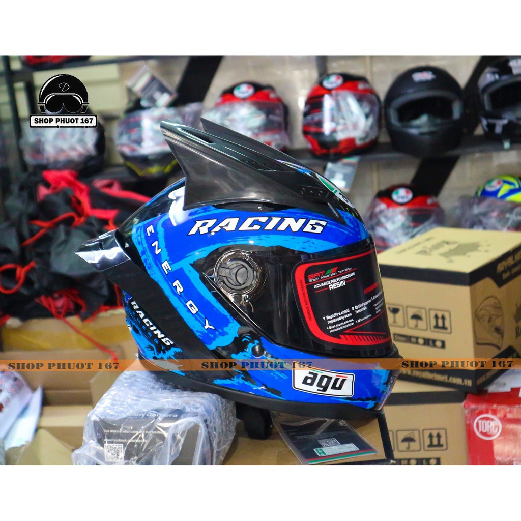 Nón bảo hiểm Fullface AGU Tem Racing Xanh Dương mới nhất, kèm đuôi gió ...