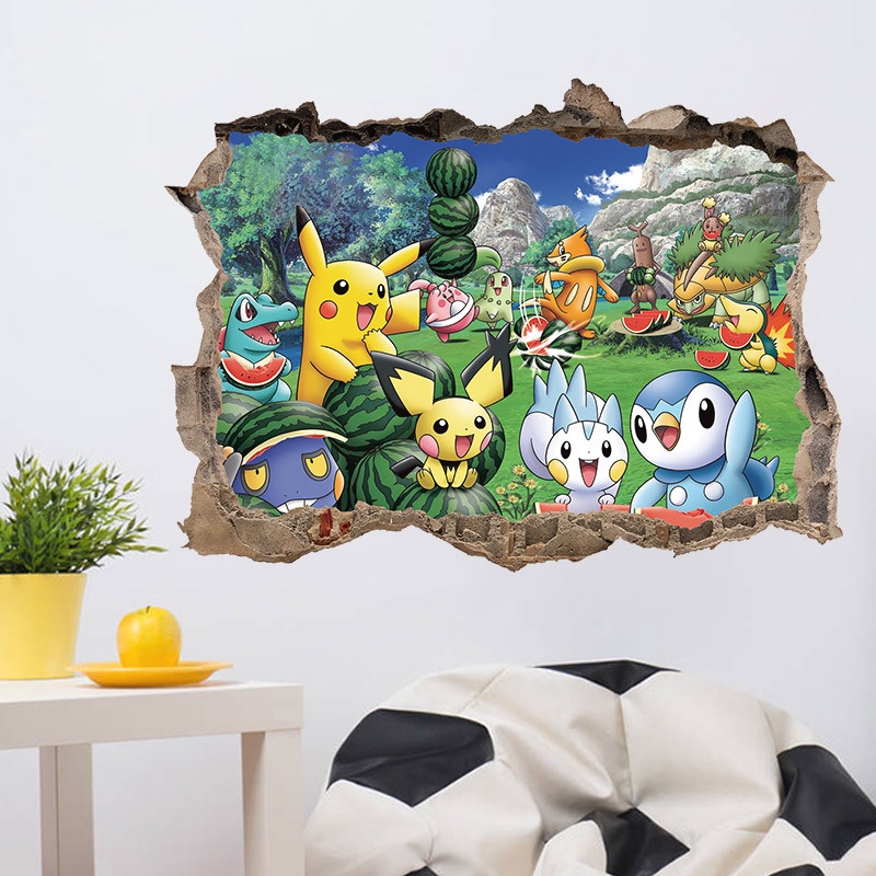 ST2 Pokémon Thám Tử Pikachu 3D Giấy Dán Tường Ba Chiều Miếng Dán Trẻ Em Phòng Ngủ Trang Trí Phòng Khách Sinh Nhật Par