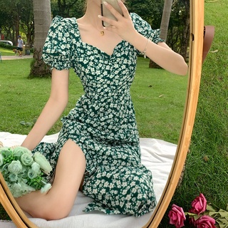 Đầm Voan Dài Xẻ Tà In Họa Tiết Hoa Màu Xanh Lá Phong Cách Pháp Thời Trang Mùa Hè Hàng Mới Dành Cho Bạn Nữ