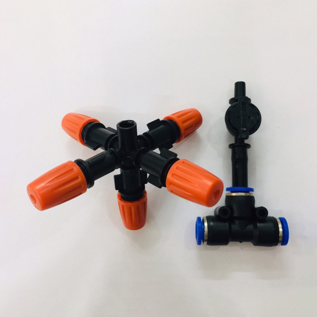 Béc Phun Sương 5 Hướng Cam - Kèm Tê Nối Ống 8mm Và Van Chống Rỉ