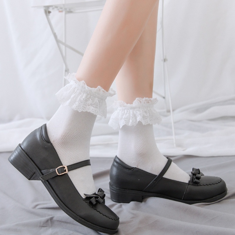 Woke Nữ Cô Gái Ngọt Ruffle Frilly Ren Ngắn Phi Hành Đoàn Tất Gothic Lưới Hàng Dệt Kim